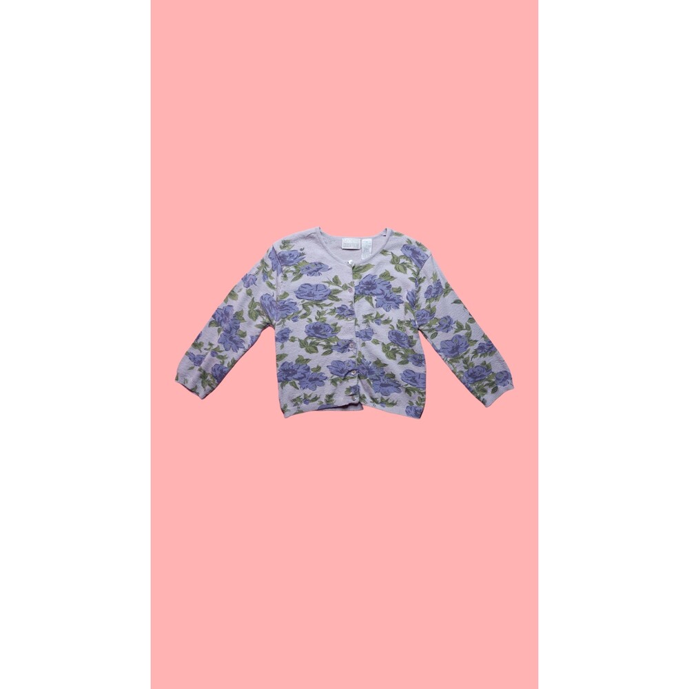 1990s MODA INTL Rose Print Button Up CARDIGAN Sweater W/Shell Buttons. Small